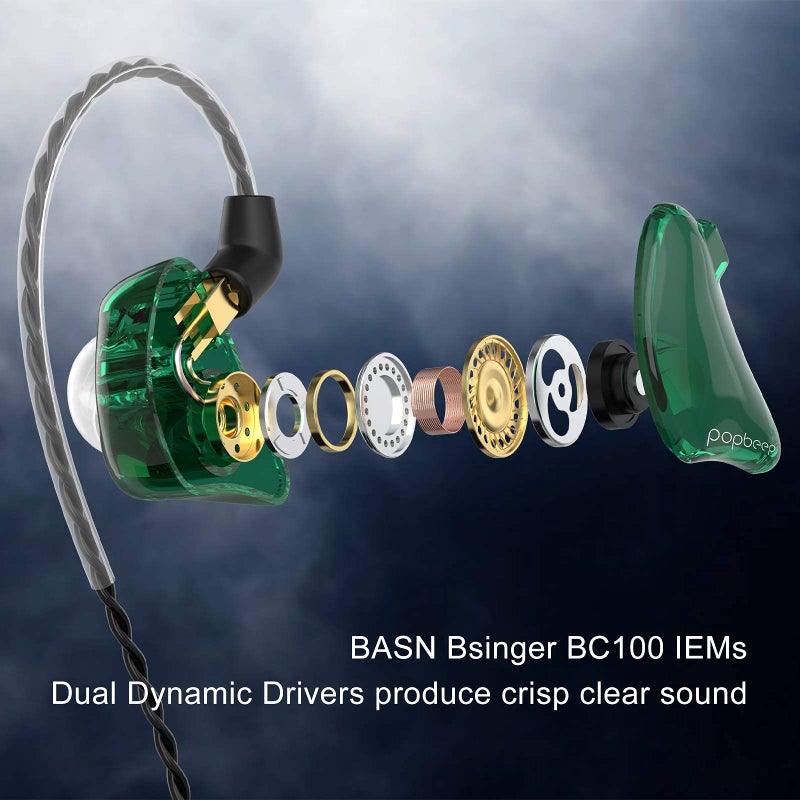 BASN سماعات أذن BASN بمراقبة داخل الأذن مع محركات ديناميكية مزدوجة سماعات أذن IEM كابل MMCX قابل للفصل سماعات أذن للموسيقيين (BC100 أخضر، بدون ميكروفون) - Image 3